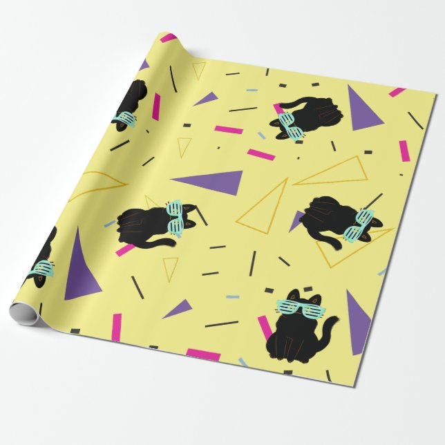 Custom 80's Retro Black Cool Cat Throwback  Wrapping Paper (Unrolled)