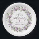 Custom 80th Birthday Purple Lilac Spring Flower Paper Plate<br><div class="desc">Add a special touch to your party decor with these personalised paper plates. They will make the birthday celebrant feel very special and look great in pictures. It takes only minutes to add the birthday celebrant's name. The soft watercolor lilac wreath is perfect for a spring birthday or a woman...</div>