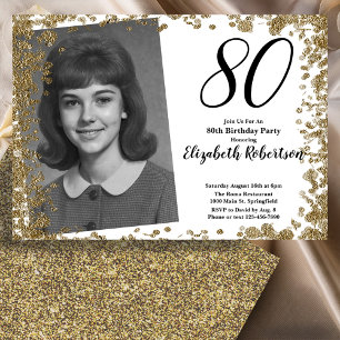 Custom 80th Photo Black and Gold Sequins Invitation