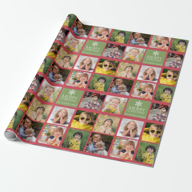 Custom 8 Photo Christmas Collage Red Green  Wrapping Paper (Unrolled)