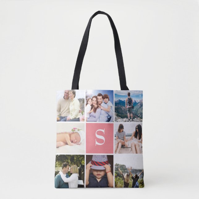 Custom 8 Photo Collage Blush Pink Monogrammed Tote Bag (Front)