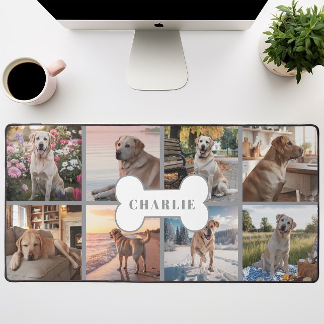 Custom 8 Photo Collage Dog Bone Pet Grey Desk Mat (Creator Uploaded)