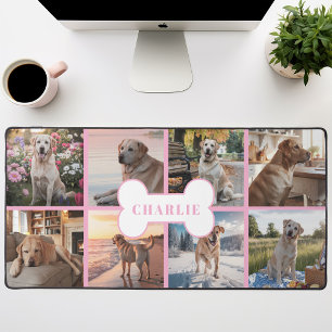 Custom 8 Photo Collage Dog Bone Pet Pink Desk Mat