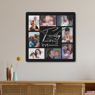 Custom 8 Photo Collage Family Love Quote Black Square Wall Clock