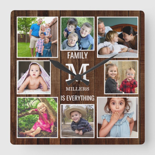 Custom 8 Photo Collage Family Monogram Brown Wood Square Wall Clock (Front)