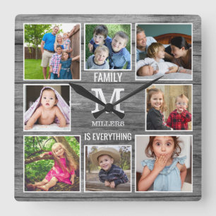 Custom 8 Photo Collage Family Monogram Gray Wood Square Wall Clock