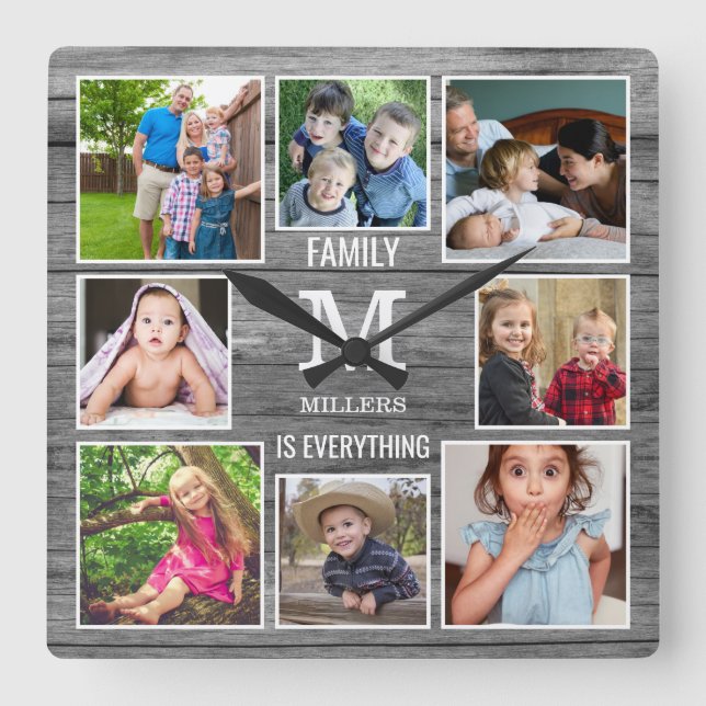 Custom 8 Photo Collage Family Monogram Gray Wood Square Wall Clock (Front)