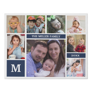 Custom 8 Photo Collage Family Name Monogram Blue Faux Canvas Print