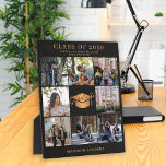 Custom 8 photo collage gold black graduate name plaque<br><div class="desc">Stylish modern luxury elegant graduate's name,  class of year,  and school personalised graduation plaque featuring a faux metallic gold copper graduation cap topper,  and 8 custom photos over a black leather like (PRINTED TEXTURE) background.</div>