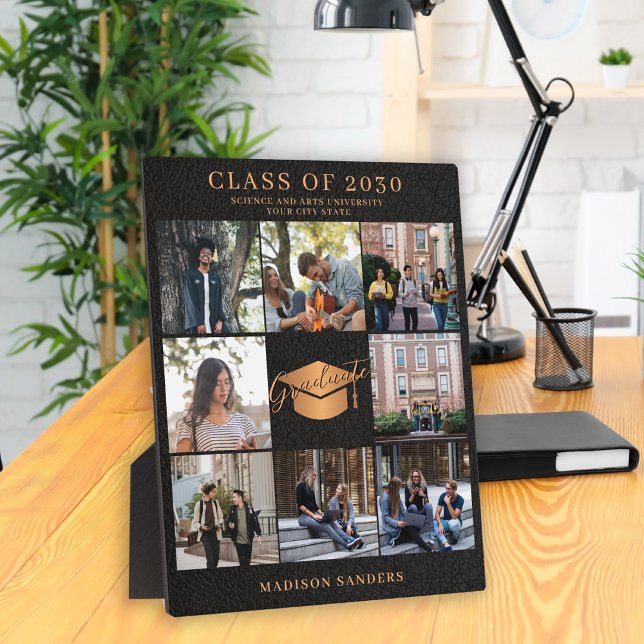 Custom 8 photo collage gold black graduate name plaque (Creator Uploaded)