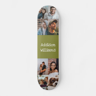 Custom 8 Photo collage Personalised Name green Skateboard