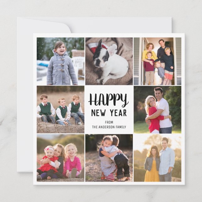 Custom 8 Photo Happy New Year Gold Gingham Plaid Holiday Card (Front)