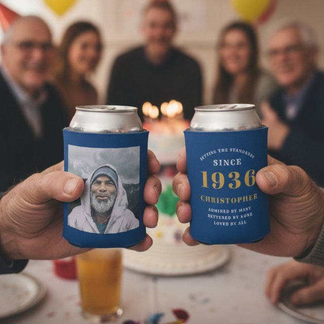 Custom 90th Birthday Blue Gold With Photo Can Cooler (90th birthday blue can cooler showing front and rear.)
