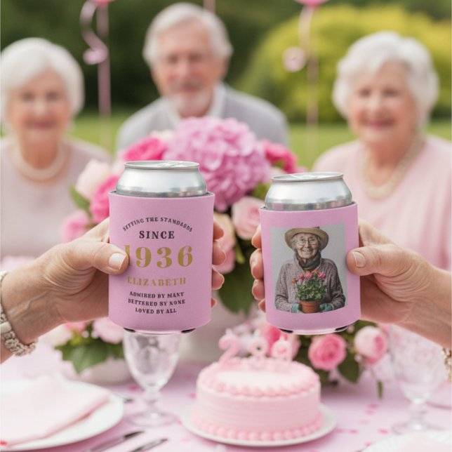 Custom 90th Birthday Pink Gold With Photo Can Cooler (90th birthday pink can coolers showing front and rear views.)