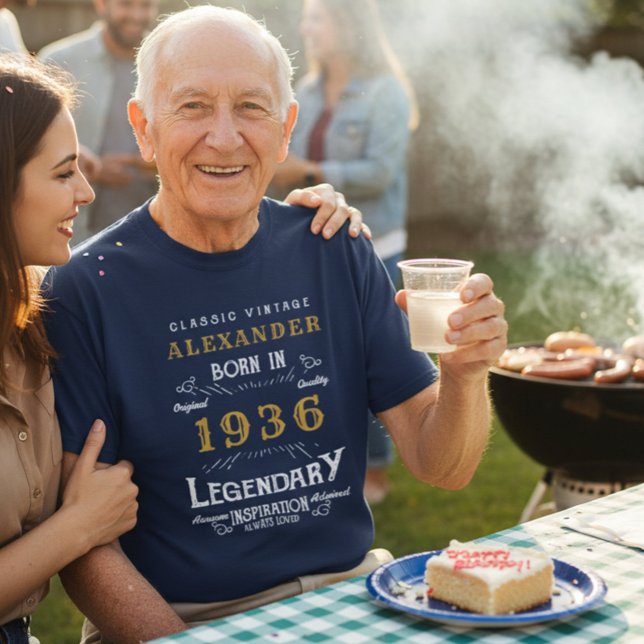Custom 90th Birthday T-Shirt - Born in 1936 Legend (90th birthday blue t-shirt worn at a BBQ)