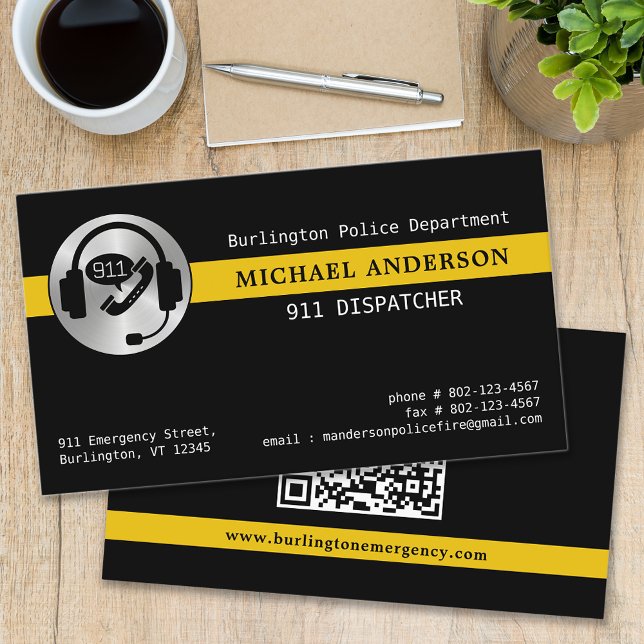Custom 911 Dispatcher Logo Thin Gold Line QR Code Business Card (Creator Uploaded)