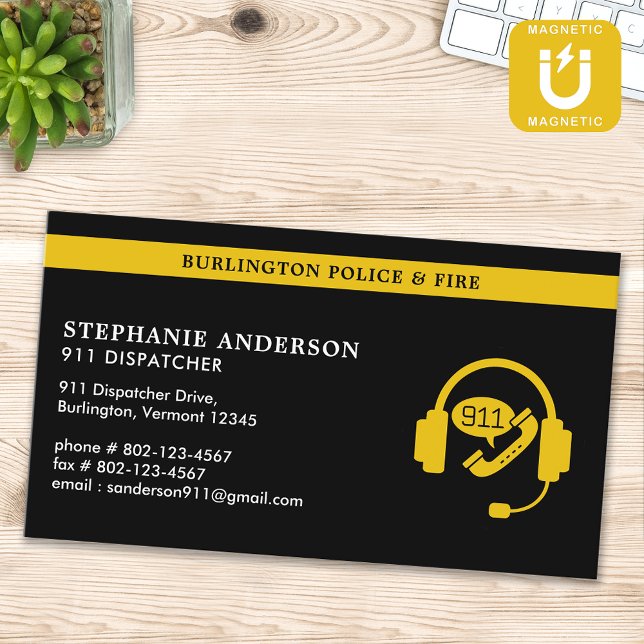 Custom 911 Dispatcher Modern Thin Gold Line Logo Magnetic Business Card (Creator Uploaded)