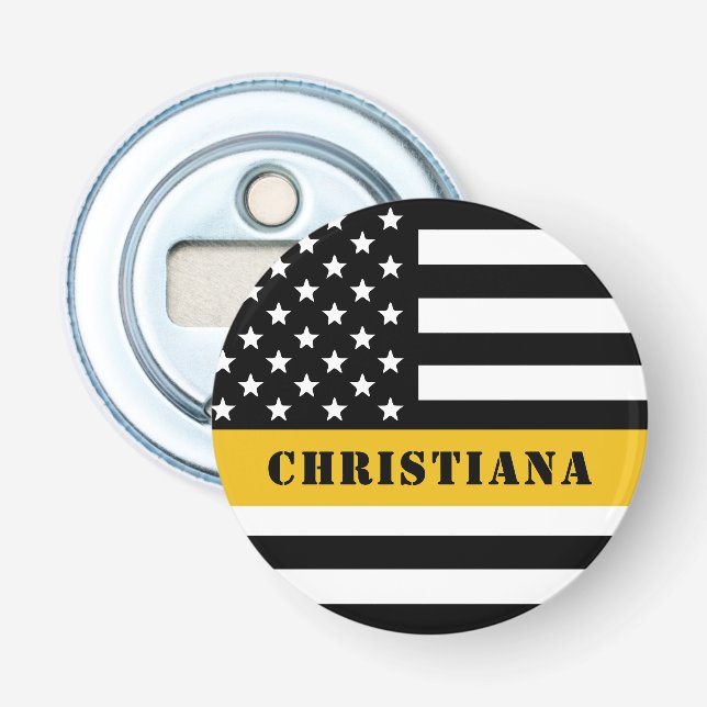 Custom 911 Dispatcher USA Flag Thin Gold Line Bottle Opener (Front)