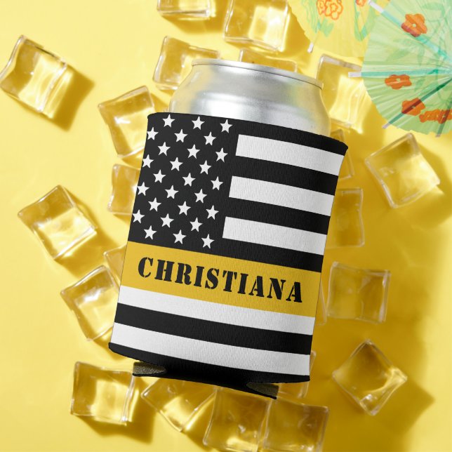 Custom 911 Dispatcher USA Flag Thin Gold Line Can Cooler (In Situ Summer)