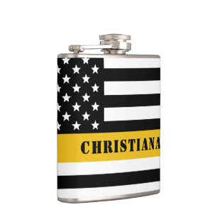 Custom 911 Dispatcher USA Flag Thin Gold Line Hip Flask