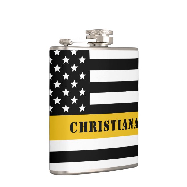 Custom 911 Dispatcher USA Flag Thin Gold Line Hip Flask (Right)