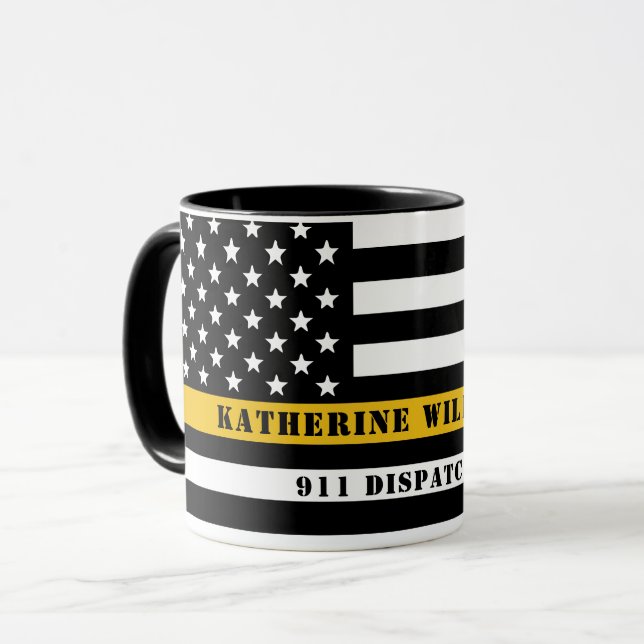 Custom 911 Dispatcher USA Flag Thin Gold Line Mug (Front Left)