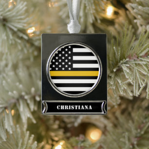 Custom 911 Dispatcher USA Flag Thin Gold Line Silver Plated Banner Ornament