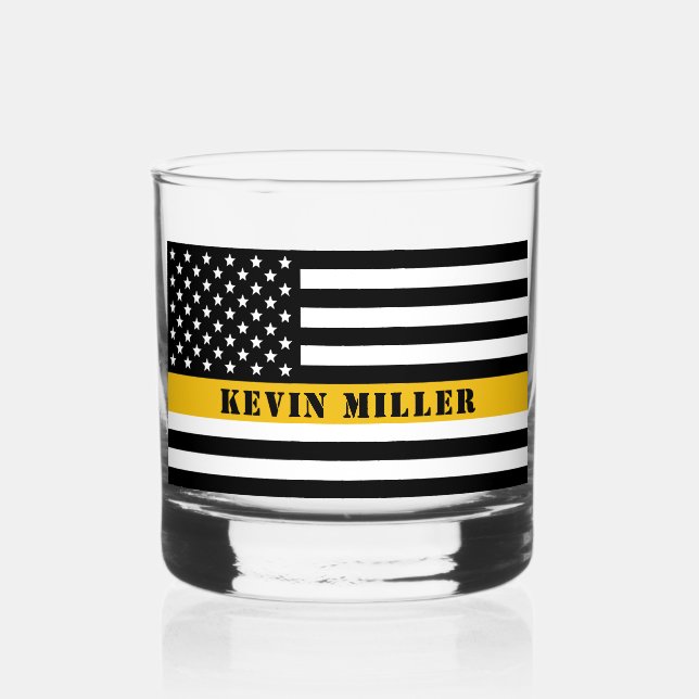 Custom 911 Dispatcher USA Flag Thin Gold Line Whiskey Glass (Front)