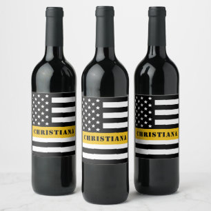 Custom 911 Dispatcher USA Flag Thin Gold Line Wine Label
