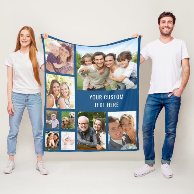 Custom 9 Photo Collage Blue Fleece Blanket (In Situ)