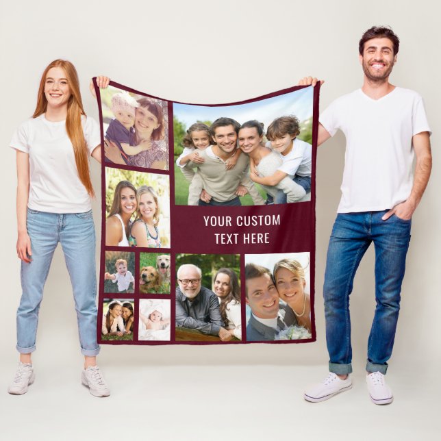 Custom 9 Photo Collage Burgundy Fleece Blanket (In Situ)