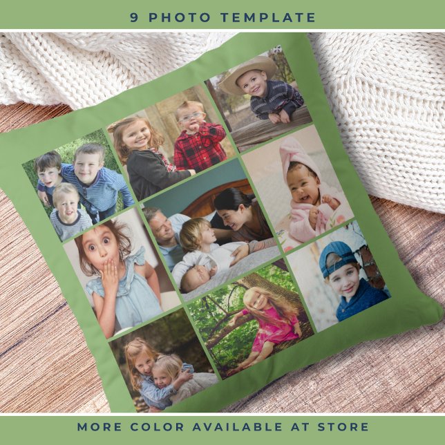 Custom 9 Photo Collage Family Keepsake Pista Green Cushion (Creator Uploaded)
