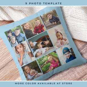 Custom 9 Photo Collage Family Keepsake Sky Blue Cushion