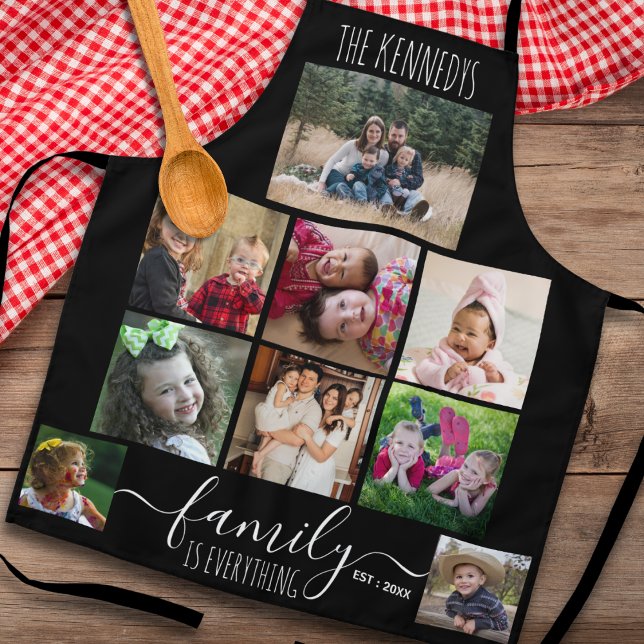 Custom 9 Photo Collage Family Quote And Name Black Apron (Creator Uploaded)
