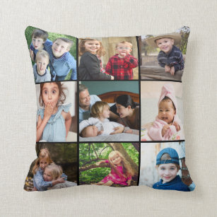Custom 9 Photo Collage Family Quote Black Keepsake Cushion