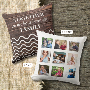 Custom 9 Photo Collage Family Quote Wood White Cushion
