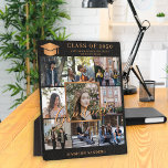 Custom 9 photo collage gold black graduate name plaque<br><div class="desc">Stylish modern luxury elegant graduate's name,  class of year,  and school personalised graduation keepsake plaque featuring a faux metallic gold copper graduation cap topper,  and 9 custom photos over a black leather like (PRINTED TEXTURE) background.</div>