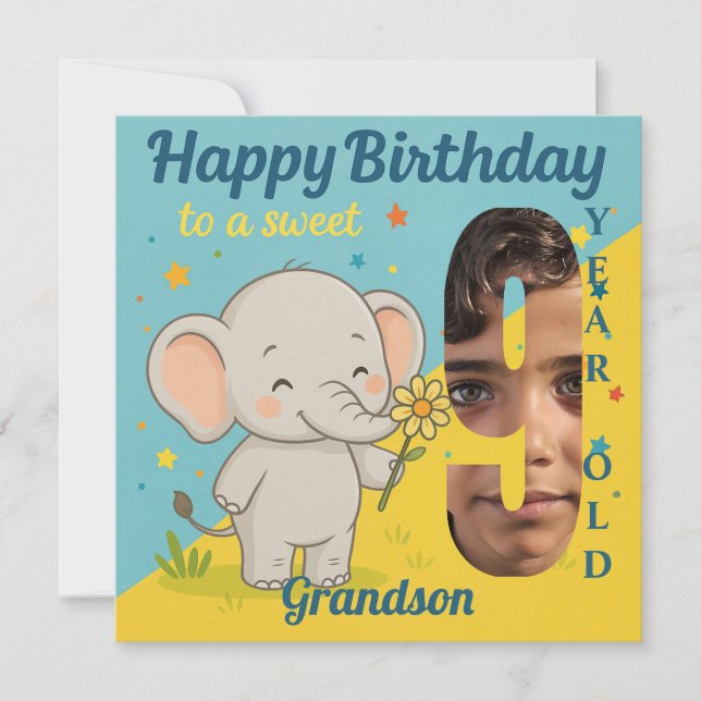 Custom 9th Birthday Elephant Sweet Your Photo Card (Front)