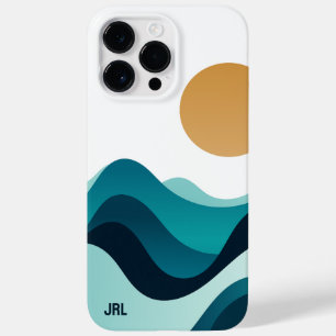 Custom Abstract Ocean Waves Sun Minimal Blue White Case-Mate iPhone 14 Pro Max Case