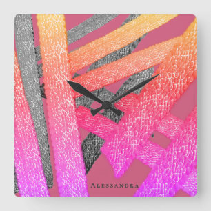 Custom Abstract Pink Rainbow Grey Stripes Colourfu Square Wall Clock