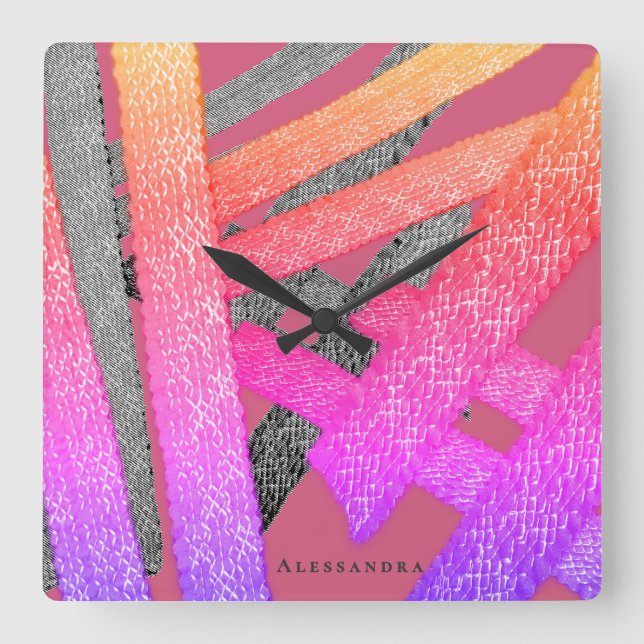 Custom Abstract Pink Rainbow Grey Stripes Colourfu Square Wall Clock (Front)
