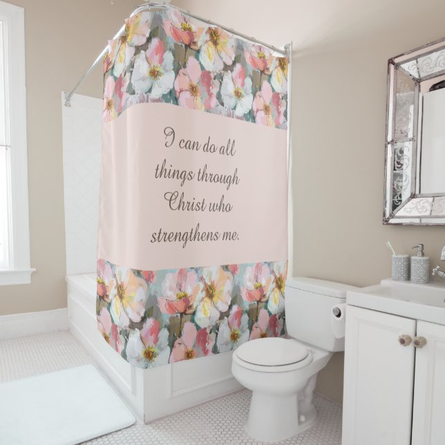 Custom Abstract Pink Roses Bible Quote Shower Curtain (In Situ)
