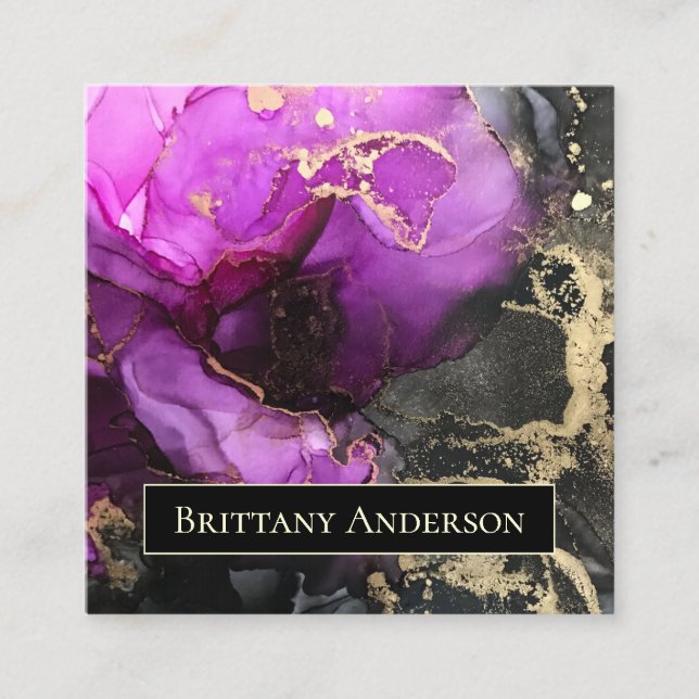 Custom Abstract Purple Black Gold Square Business Card (Front)