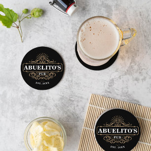 Custom Abuelito's Pub Home Bar Year Established Round Paper Coaster