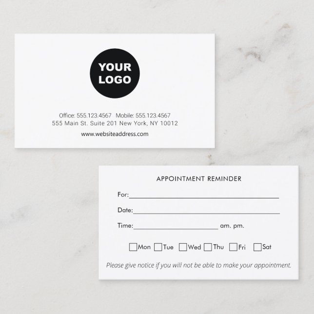 Custom Add Logo Professional Appointment Reminder Business Card (Front/Back)