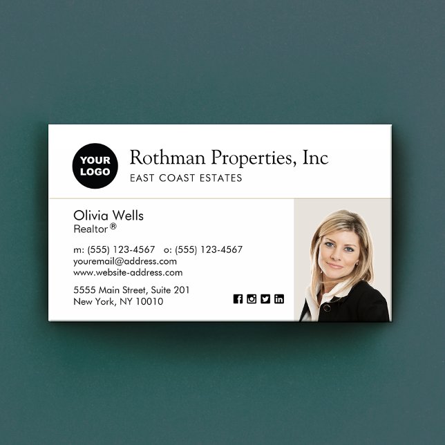 Custom Add Logo Real Estate Agent White Photo Business Card (Creator Uploaded)