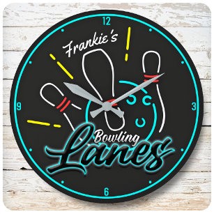 Custom ADD NAME Retro Bowler Bowling Lanes Large Clock