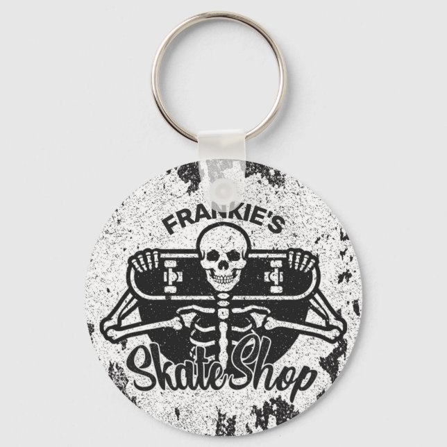 Custom ADD NAME Skull Skateboard Skate Shop Key Ring (Front)
