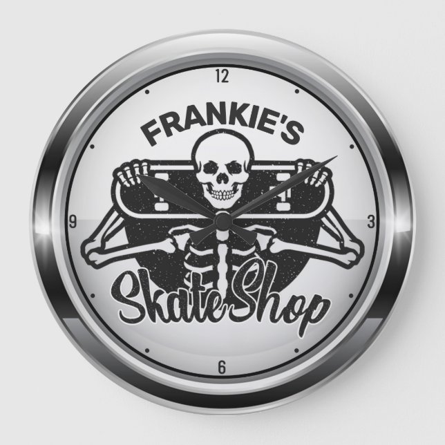 Custom ADD NAME Skull Skateboard Skate Shop Large Clock (Front)