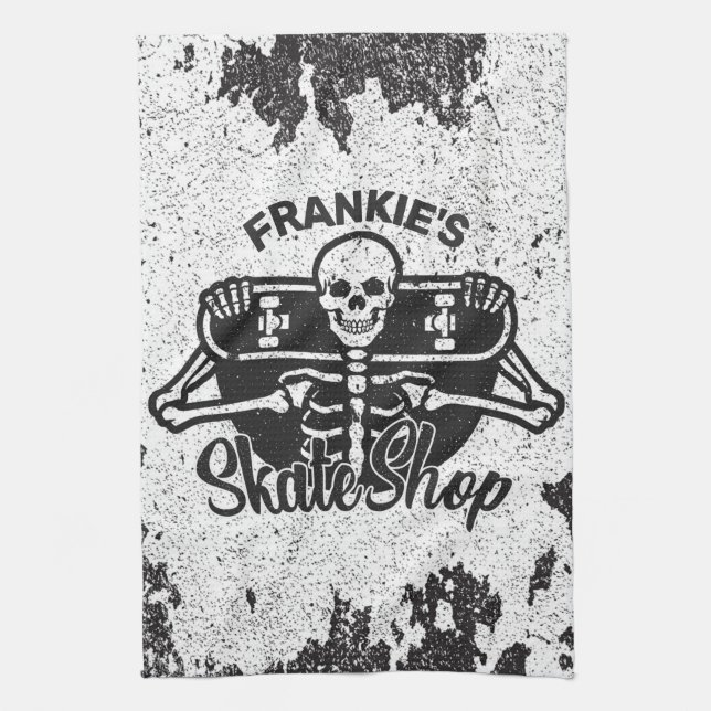 Custom ADD NAME Skull Skateboard Skate Shop Tea Towel (Vertical)